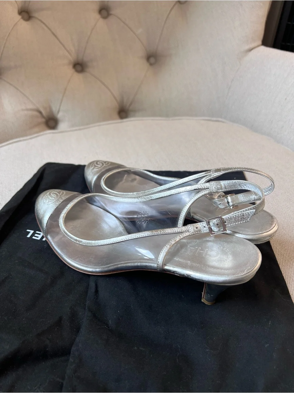 Chanel Silver Cap-Toe Slingback Ballet cat heel